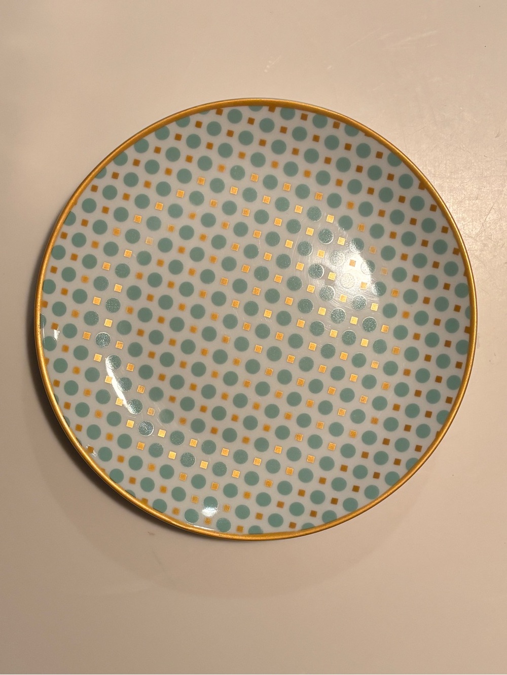 10 Strawberry Street Aqua Polka Dot Gold Accent Salad Dessert Plate 7.5”